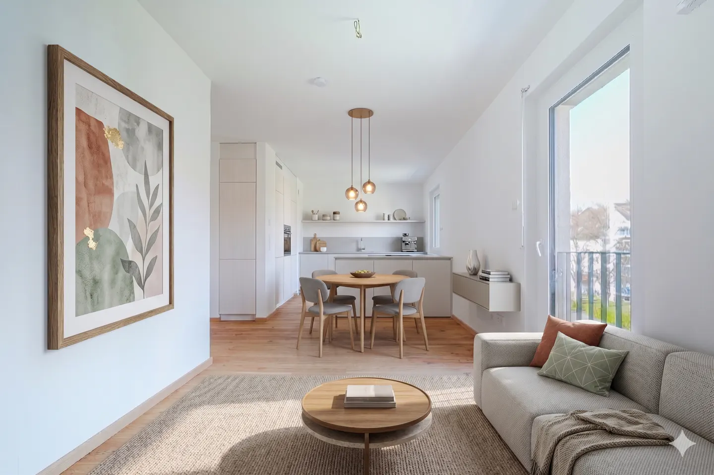 Bright, modern apartment interior with a beige sofa, round wood table, and abstract art. Kitchen and dining area visible in the background.