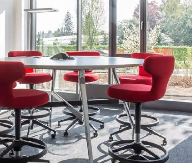 Conference room with a round table and red chairs. Large windows show trees outside.