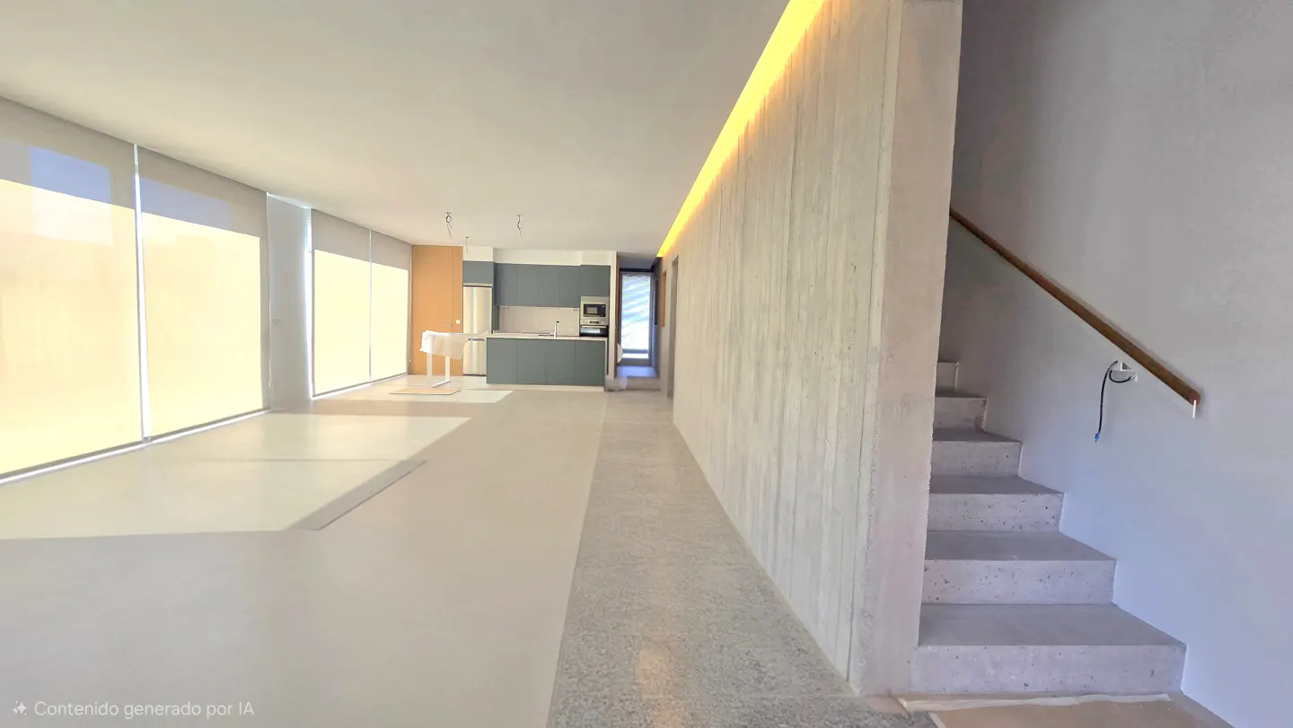Modern open-plan interior with concrete stairs, a minimalist kitchen, and large windows with light-filtering shades.