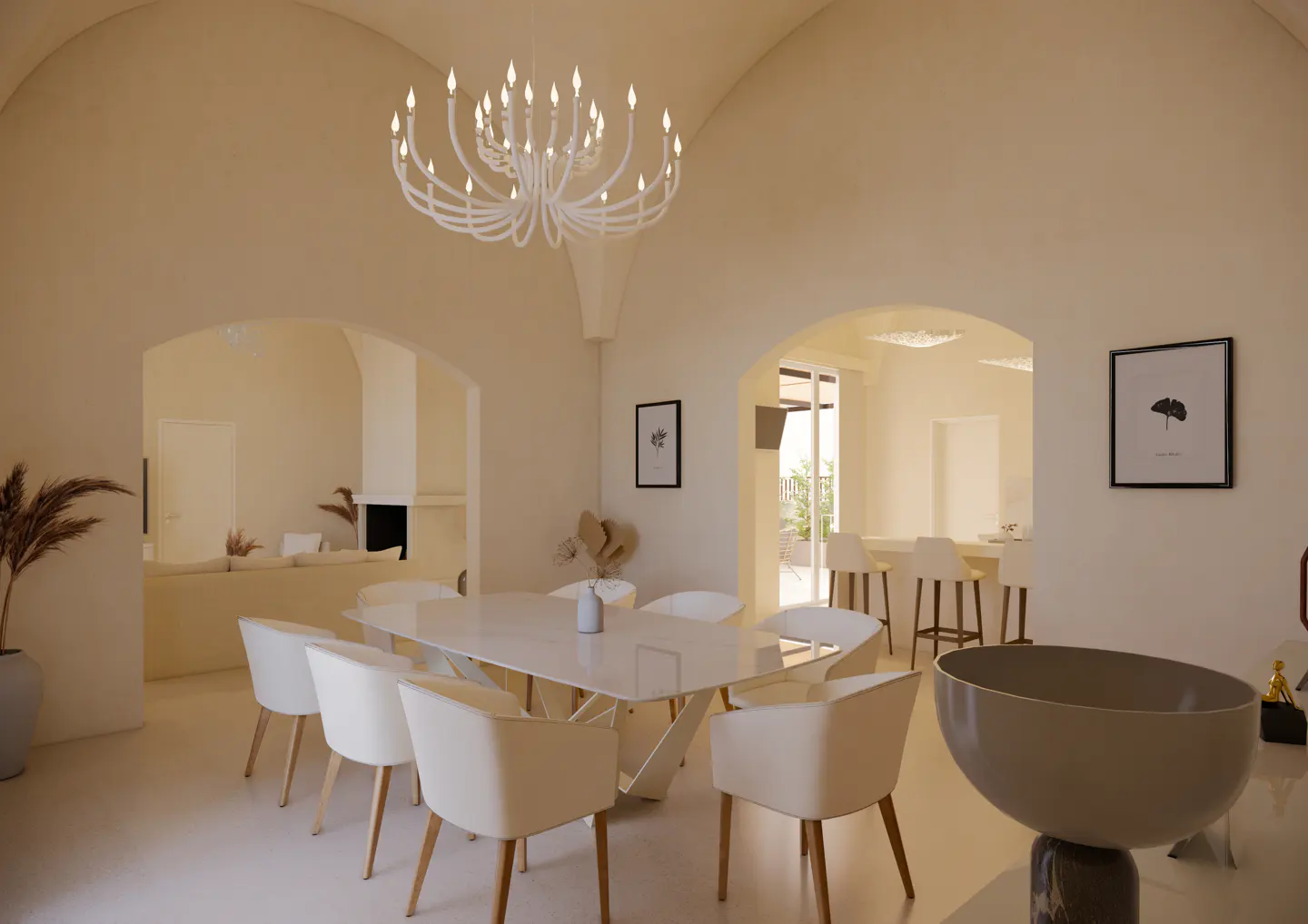 Beige dining room with white table, chairs, and chandelier. Arched doorways lead to other rooms. Artwork hangs on the walls.