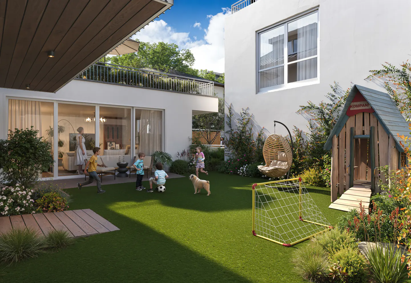 A backyard with children playing soccer, a dog, a playhouse, and a hanging chair. The yard has green grass and is surrounded by white buildings and greenery.