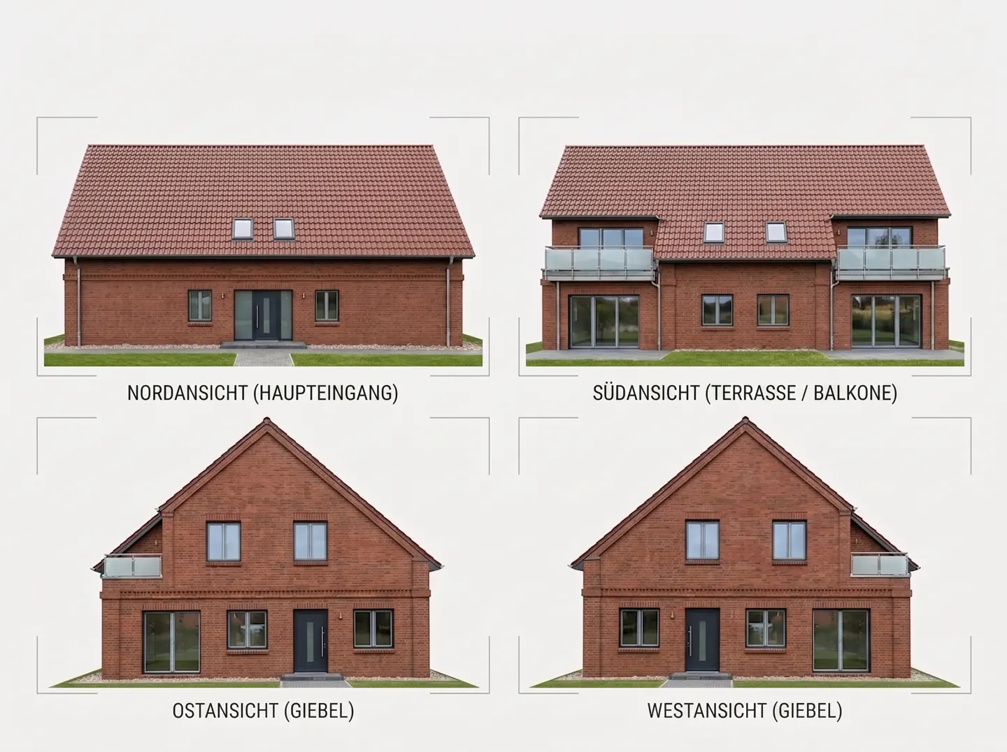Four views of a red brick house with a red tile roof, labeled north, south, east, and west.