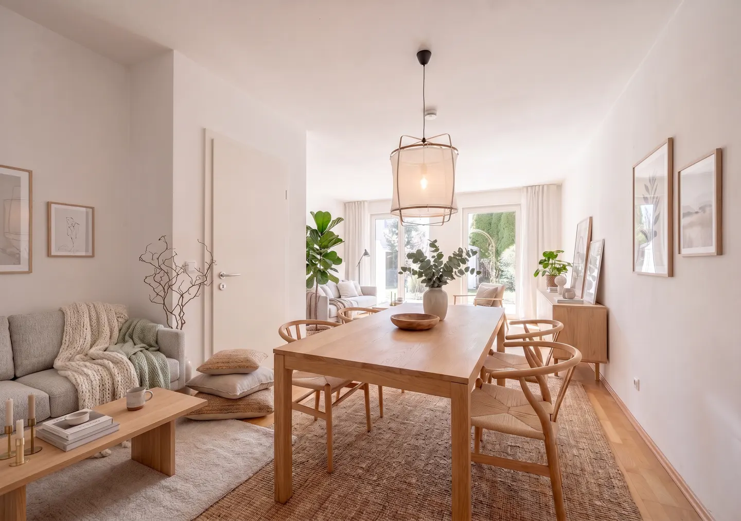 Bright, open-concept living and dining area with a light wood table, chairs, and a woven rug. A gray sofa and coffee table are visible in the background.