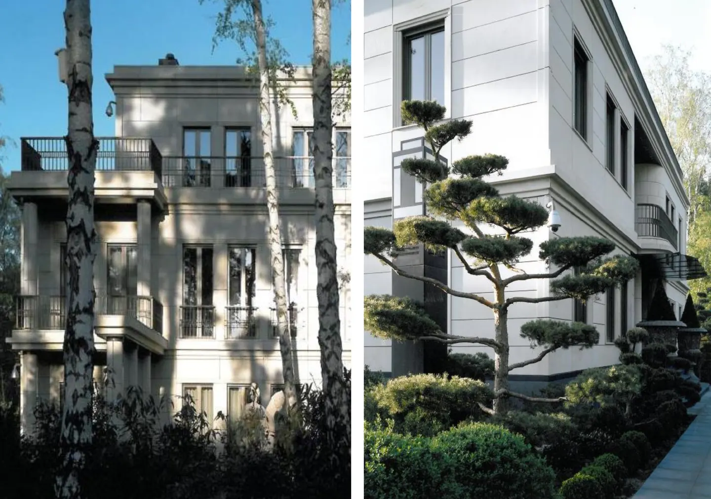 Two-panel image of a modern, multi-story home with balconies, stone facade, and manicured landscaping. Birch trees frame the left side.