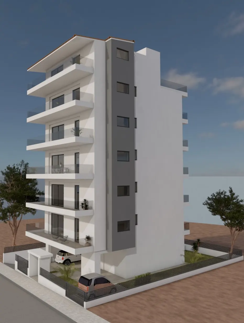 Exterior view of a modern, multi-story white apartment building with glass balconies and gray accents, cars parked below.