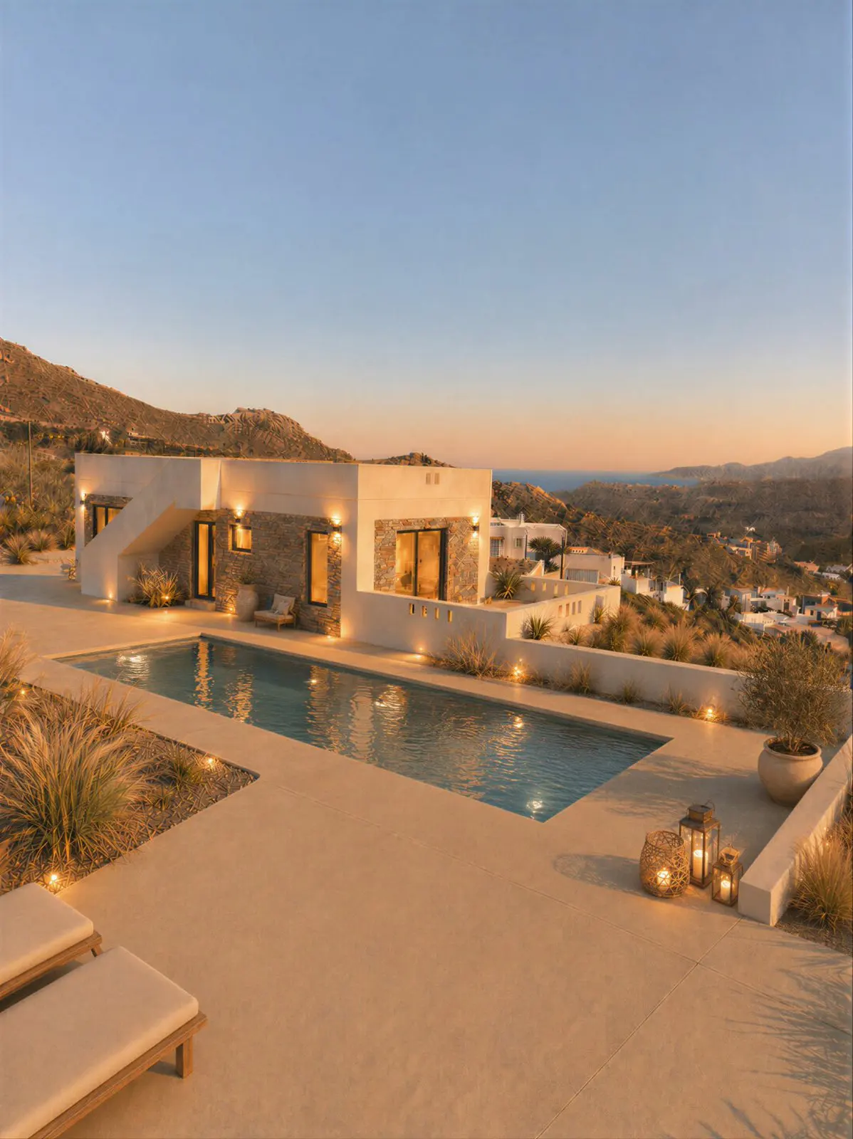 Modern white house with a pool at dusk. Lounge chairs, lanterns, and desert plants surround the pool. Mountains and ocean are in the background.