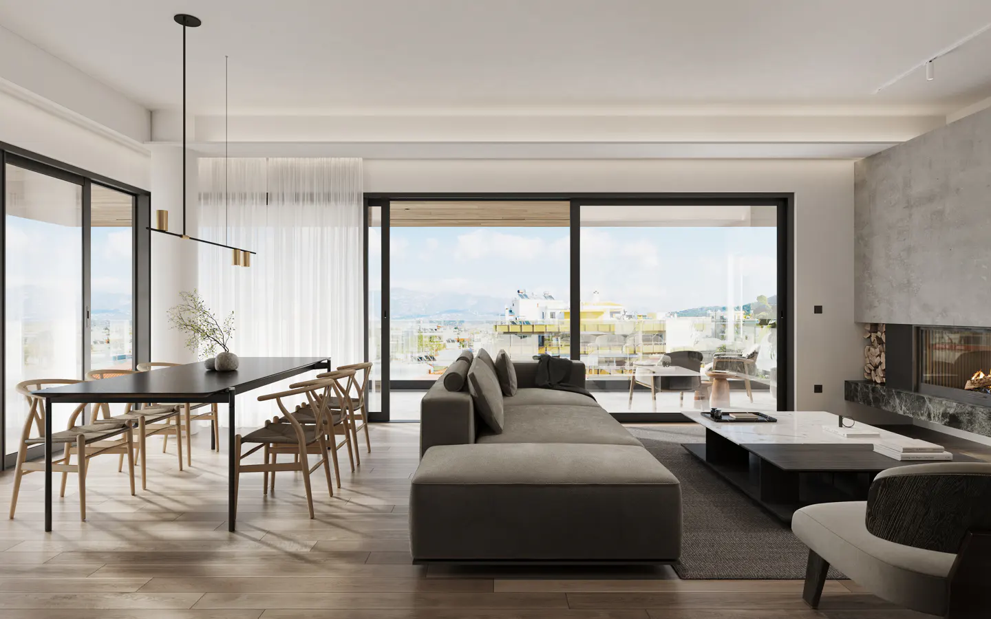 Bright living room with a black dining table, gray sofa, fireplace, and large windows with a city view.