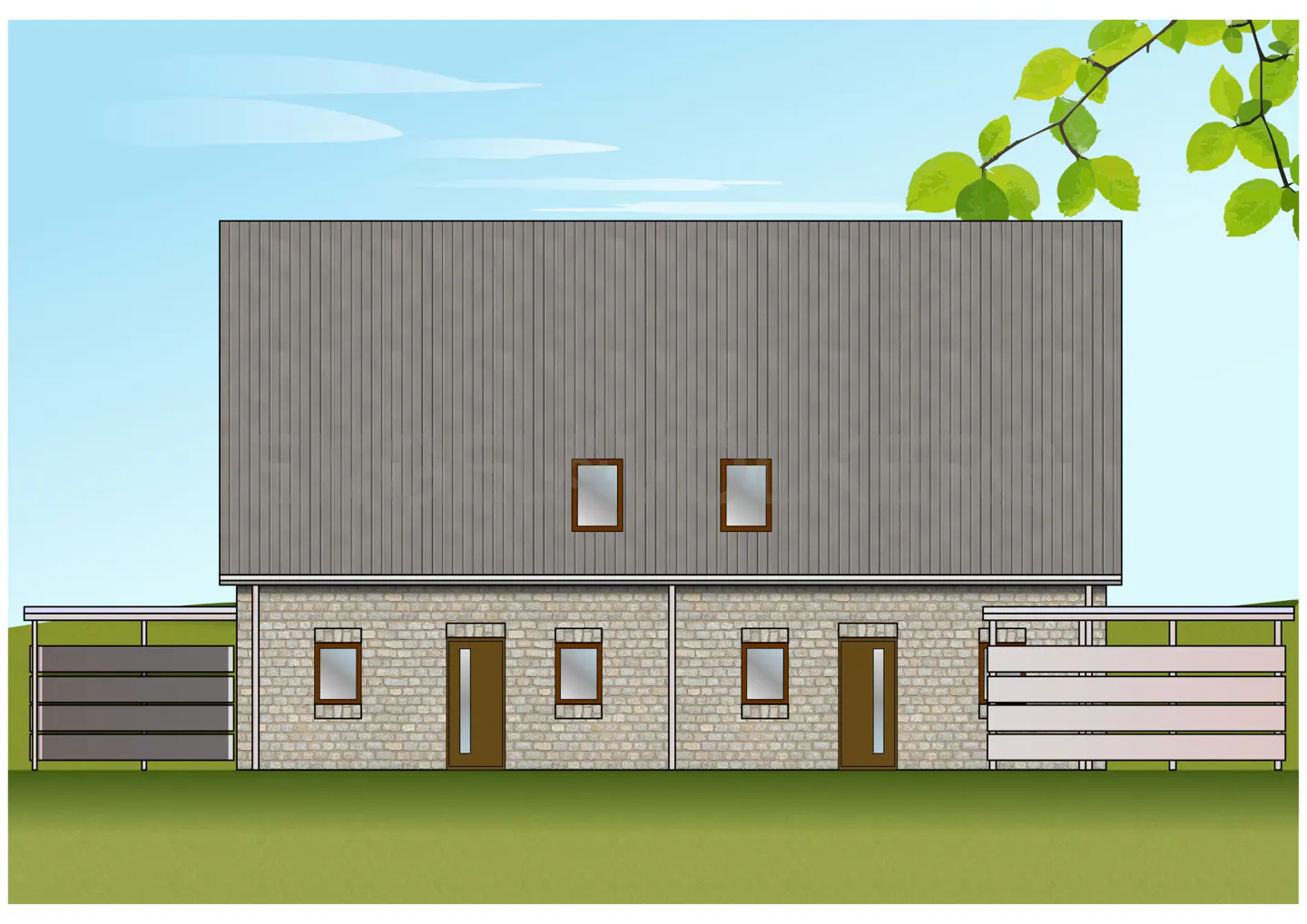 Illustration of the back of a two-story duplex with a gray roof, brick facade, and brown doors and windows.