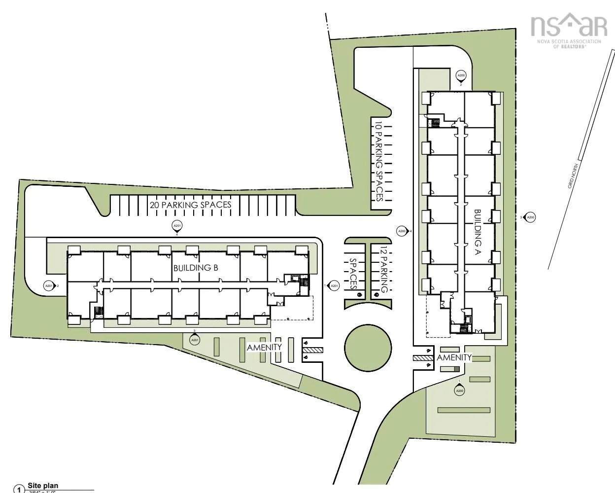 Site plan showing two buildings, A and B, with parking spaces and amenities. Building A has 10 parking spaces, and Building B has 20.