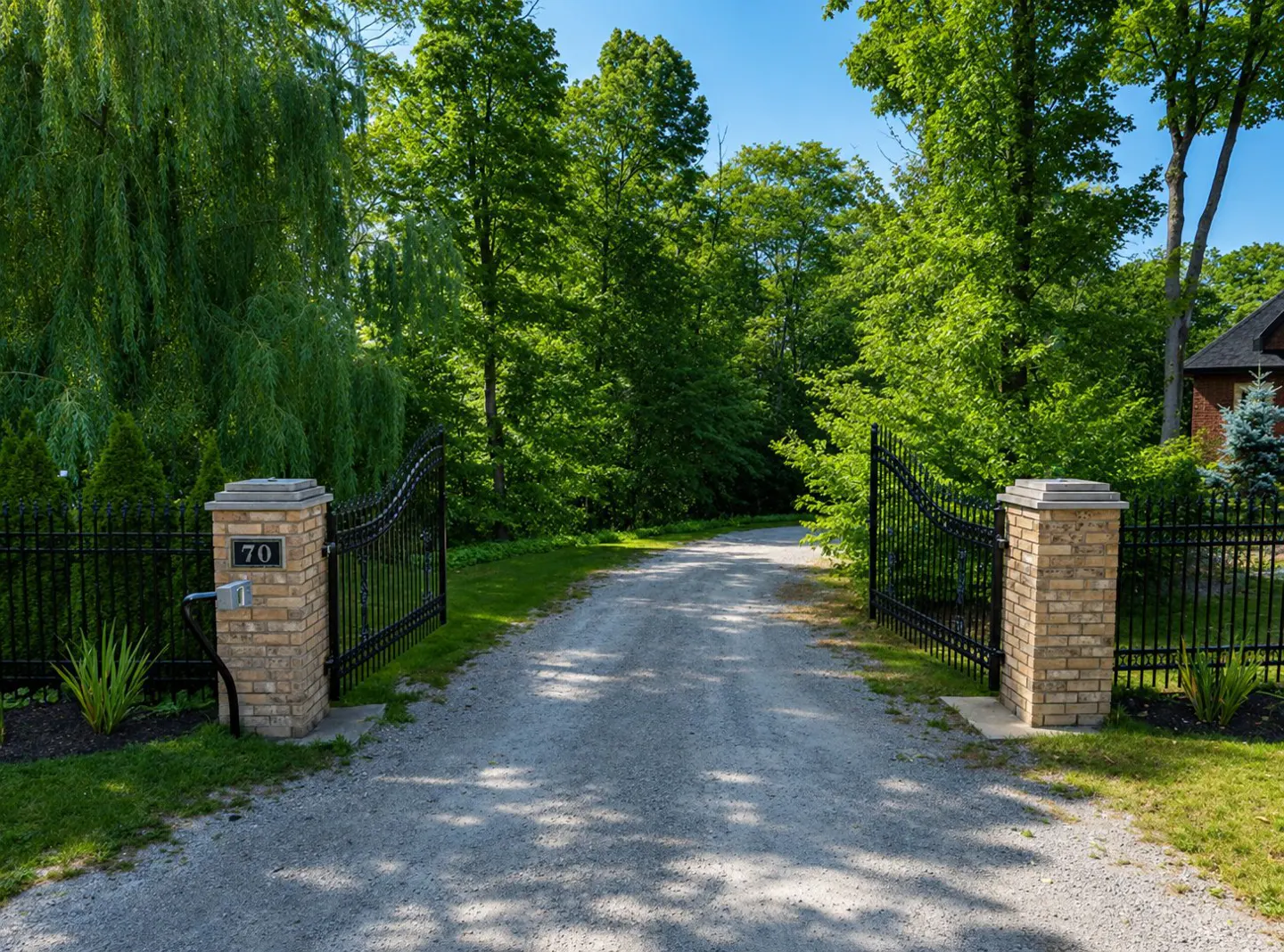 Gravel driveway leading to a home, framed by an open black iron gate with brick pillars. Lush green trees in the background.