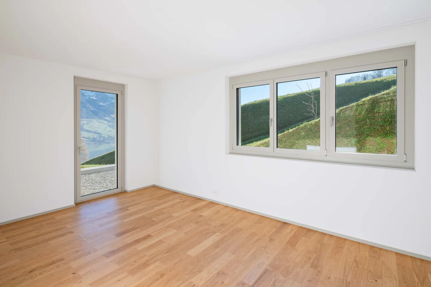 Bright, empty room with wood floors, white walls, and gray trim. A window shows a green hillside, and a door shows a lake view.