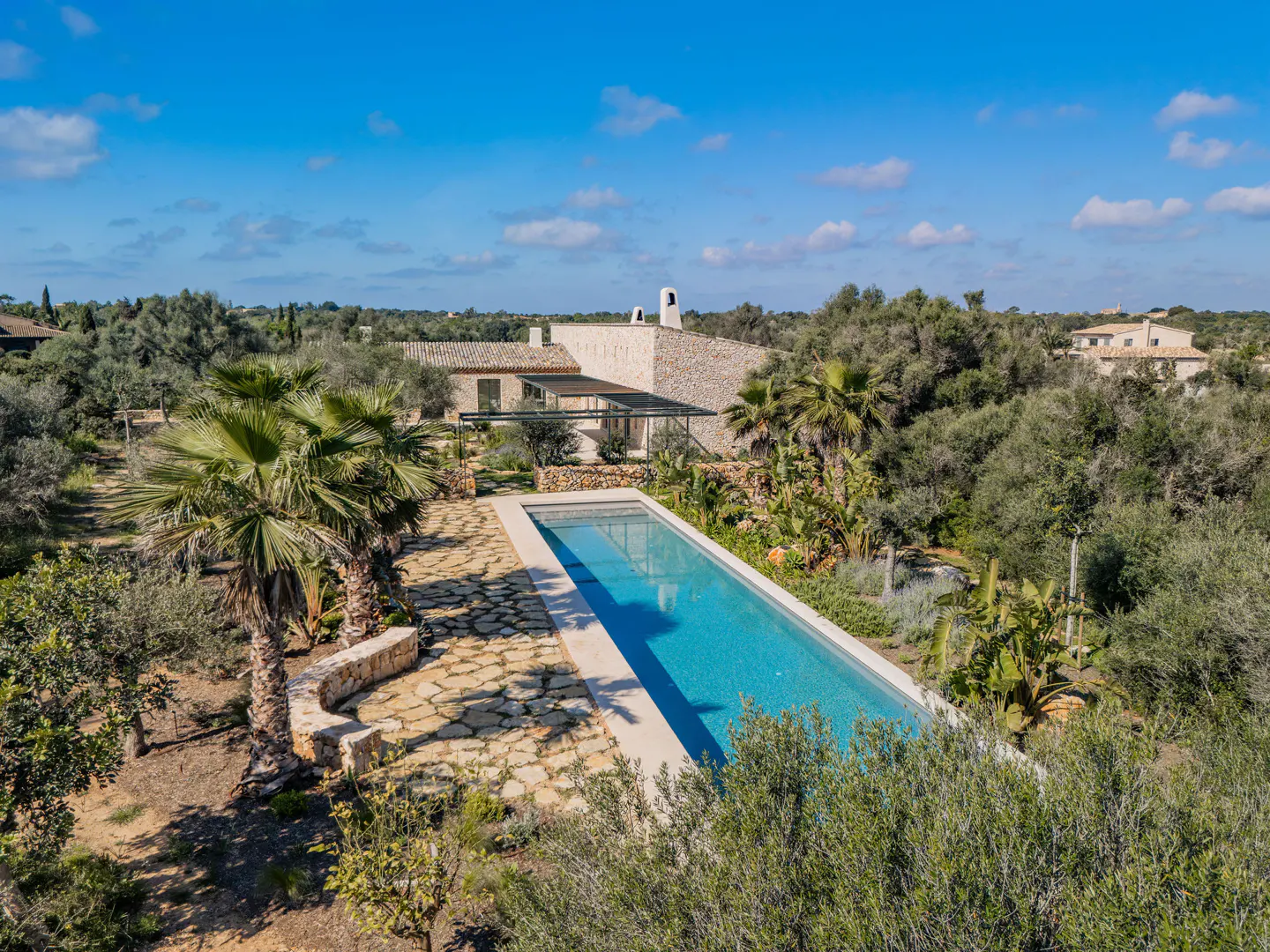 Aerial view of a stone house with a long, narrow pool surrounded by trees and a blue sky.