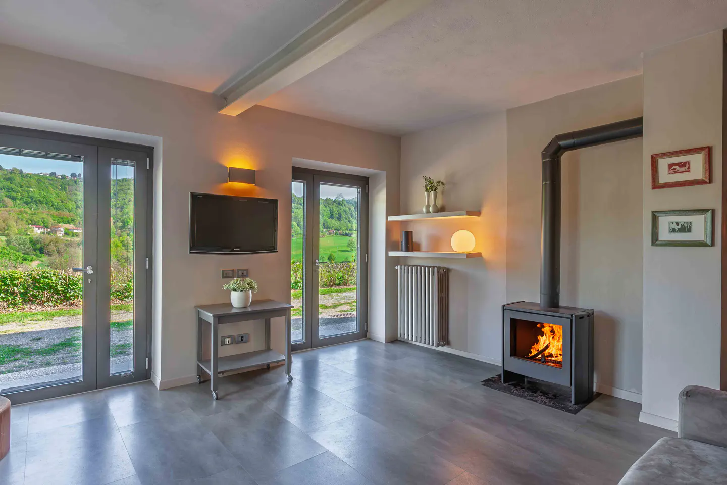 Living room with gray wood floors, a black fireplace, and double doors to a green landscape. A TV hangs above a gray table.