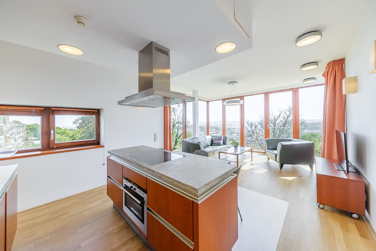 Modern open-plan kitchen with a wooden island, stainless steel hood, and a bright living area with floor-to-ceiling windows. [AI-generated text]