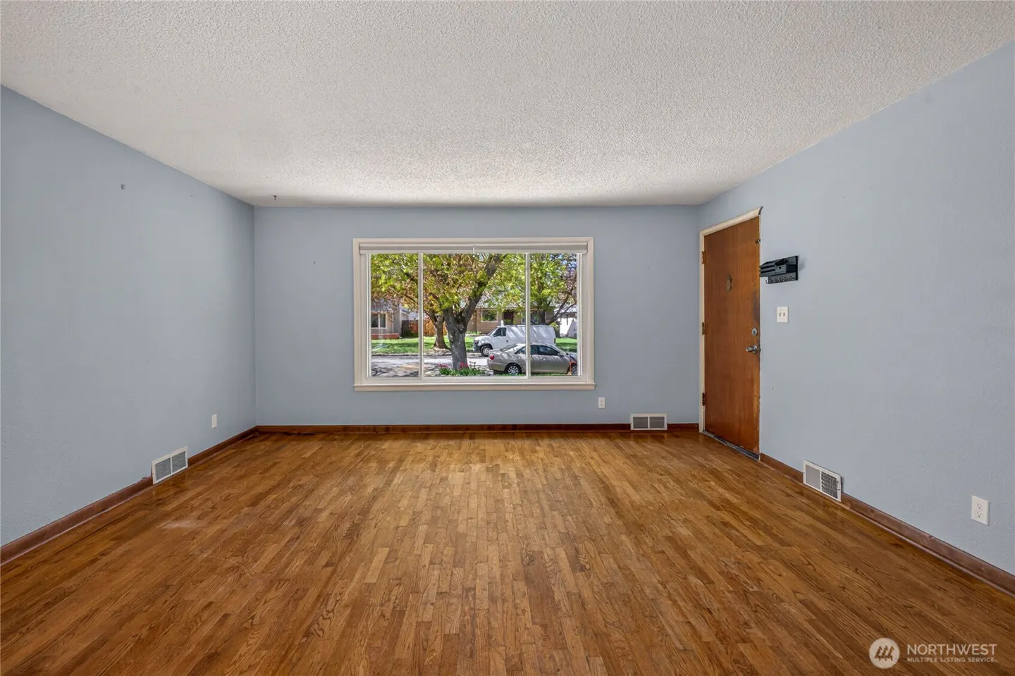 Empty living room with light blue walls, hardwood floors, and a large window showing a tree and cars outside. A brown door is on the right.