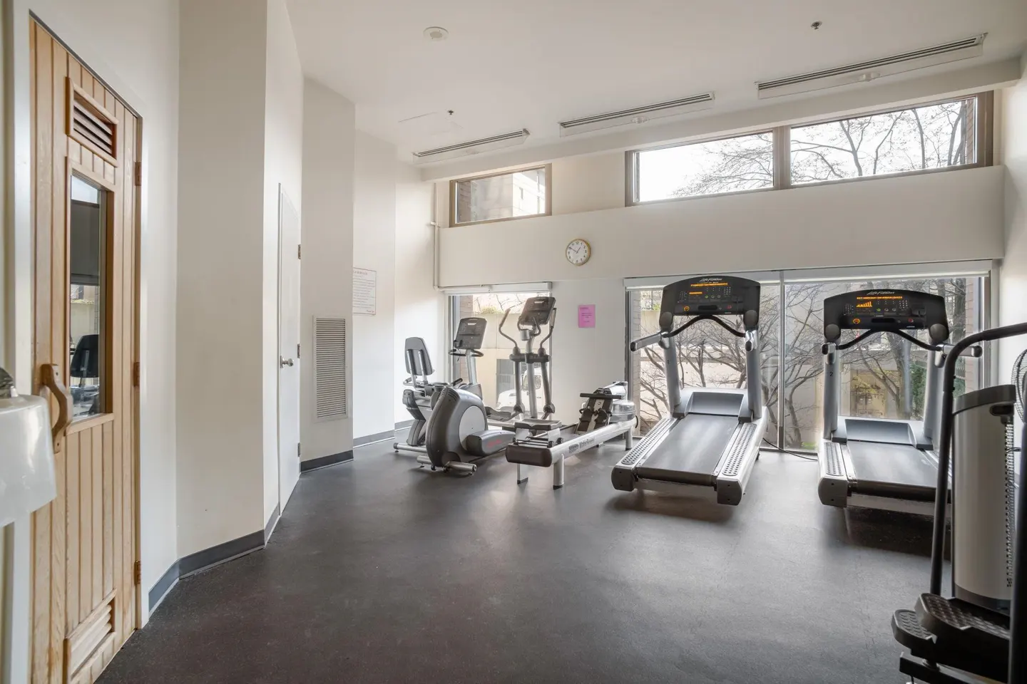 Bright gym with treadmills, elliptical, and rowing machine. Large windows overlook trees. A wooden sauna door is on the left.