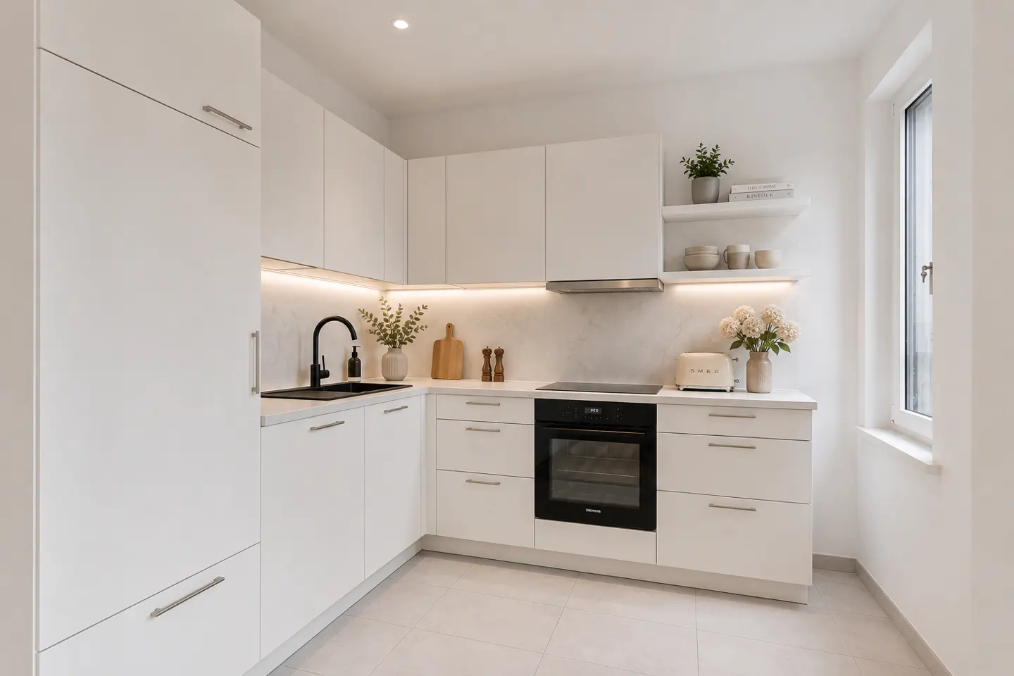 Bright, modern kitchen with white cabinets, black sink and faucet, and stainless steel oven. Shelves hold plants and dishes. Natural light from window.