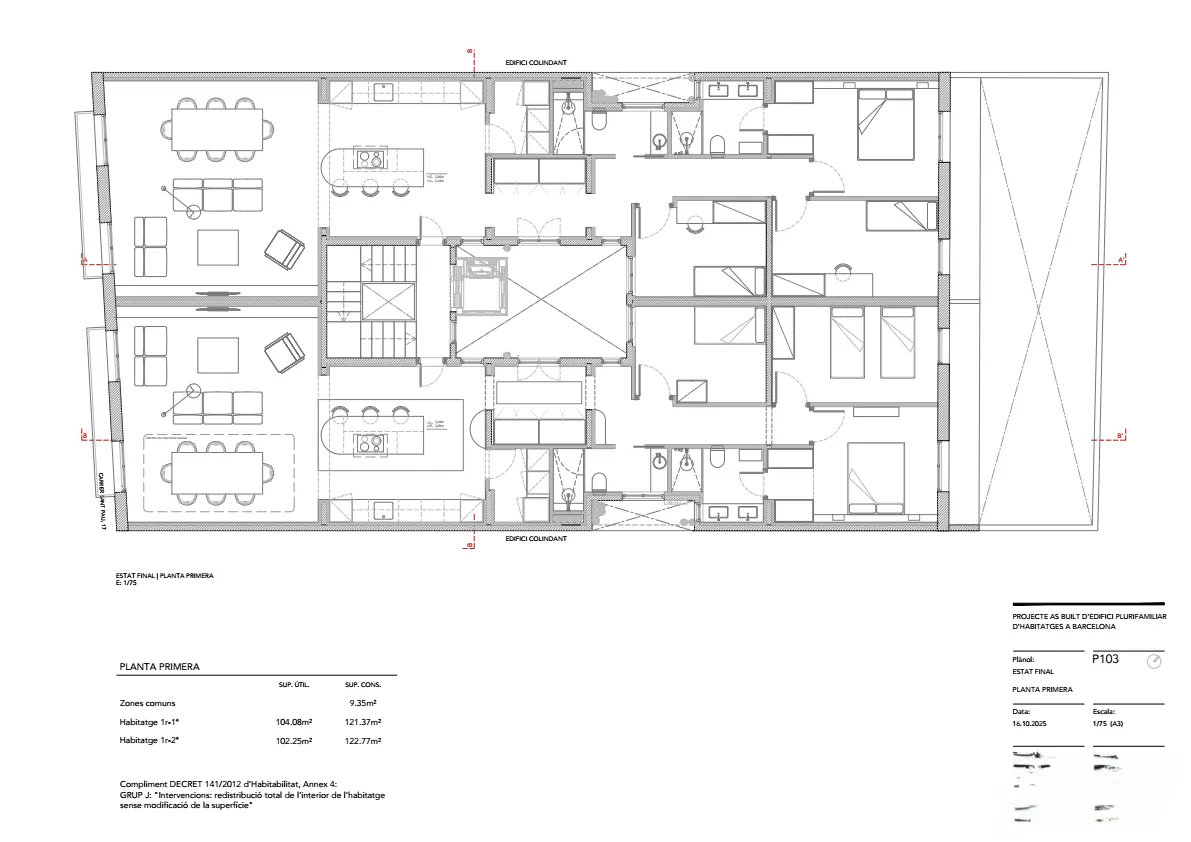 Architectural floor plan of a multi-family building in Barcelona. The layout includes living areas, kitchens, bedrooms, and bathrooms.
