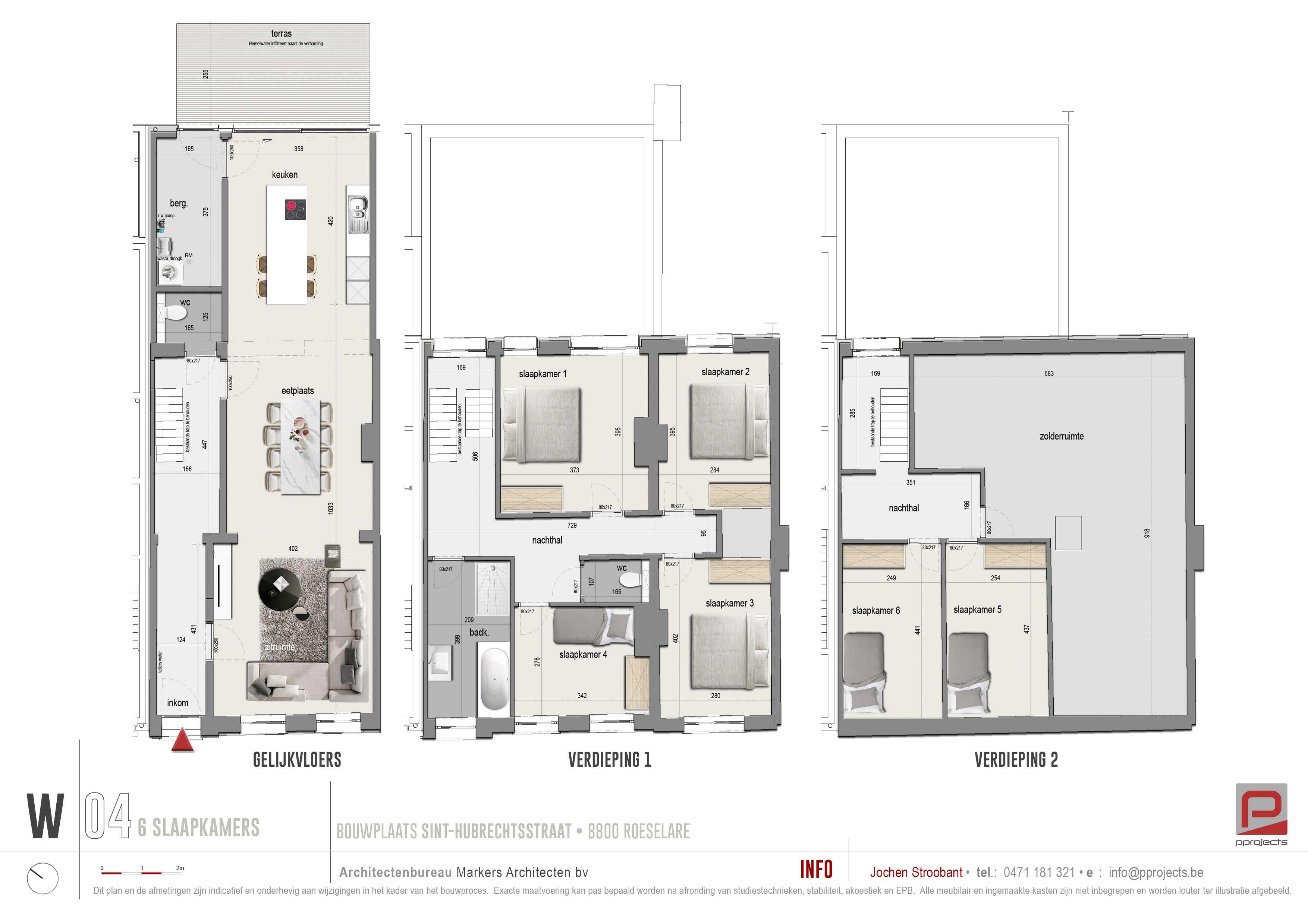 Architectural floor plan showing the ground floor, first floor, and second floor of a six-bedroom residential property. [AI-generated text]