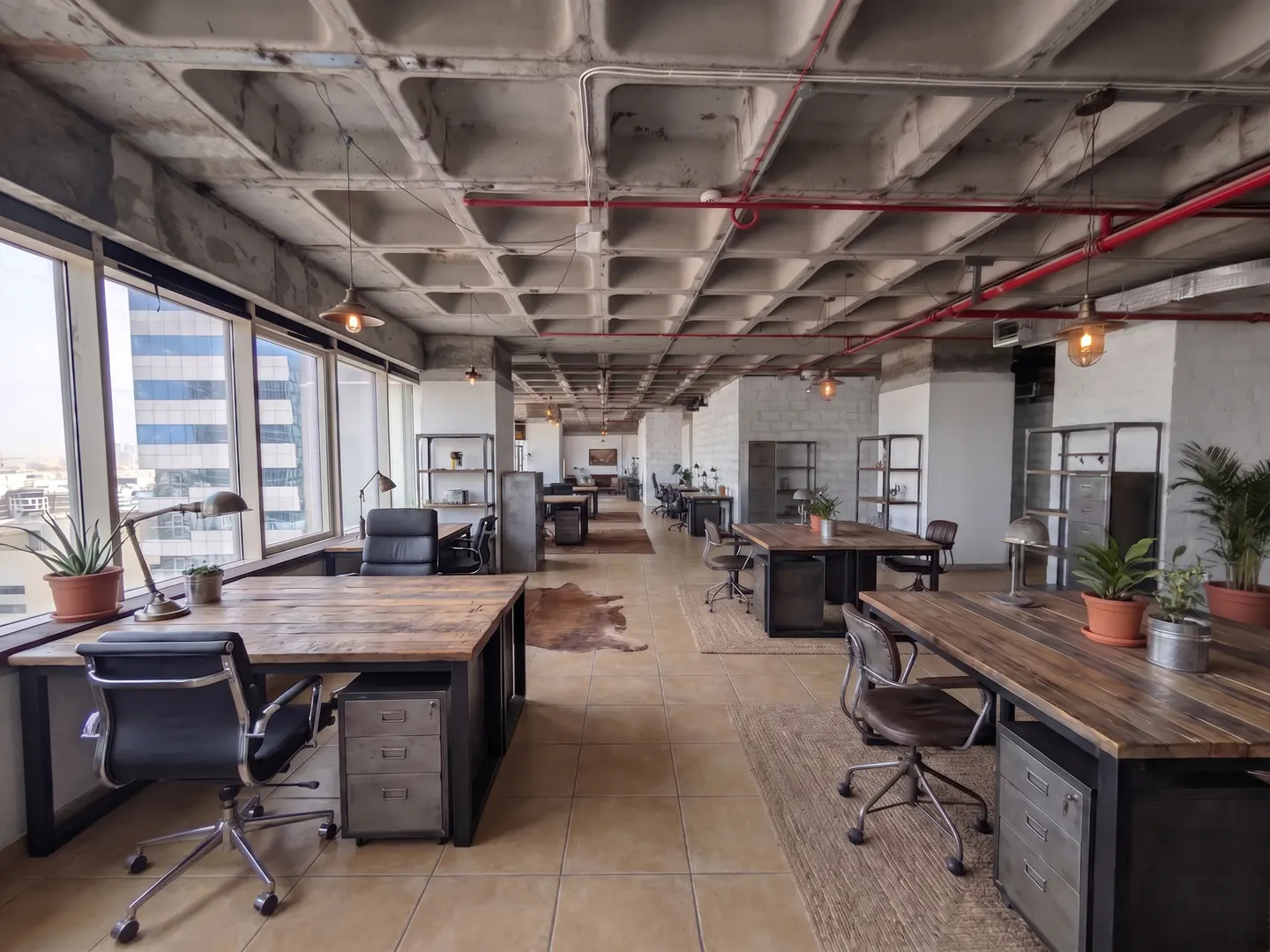 Open office space with wood desks, black chairs, and metal filing cabinets. Large windows offer a city view. Concrete ceiling with red pipes.