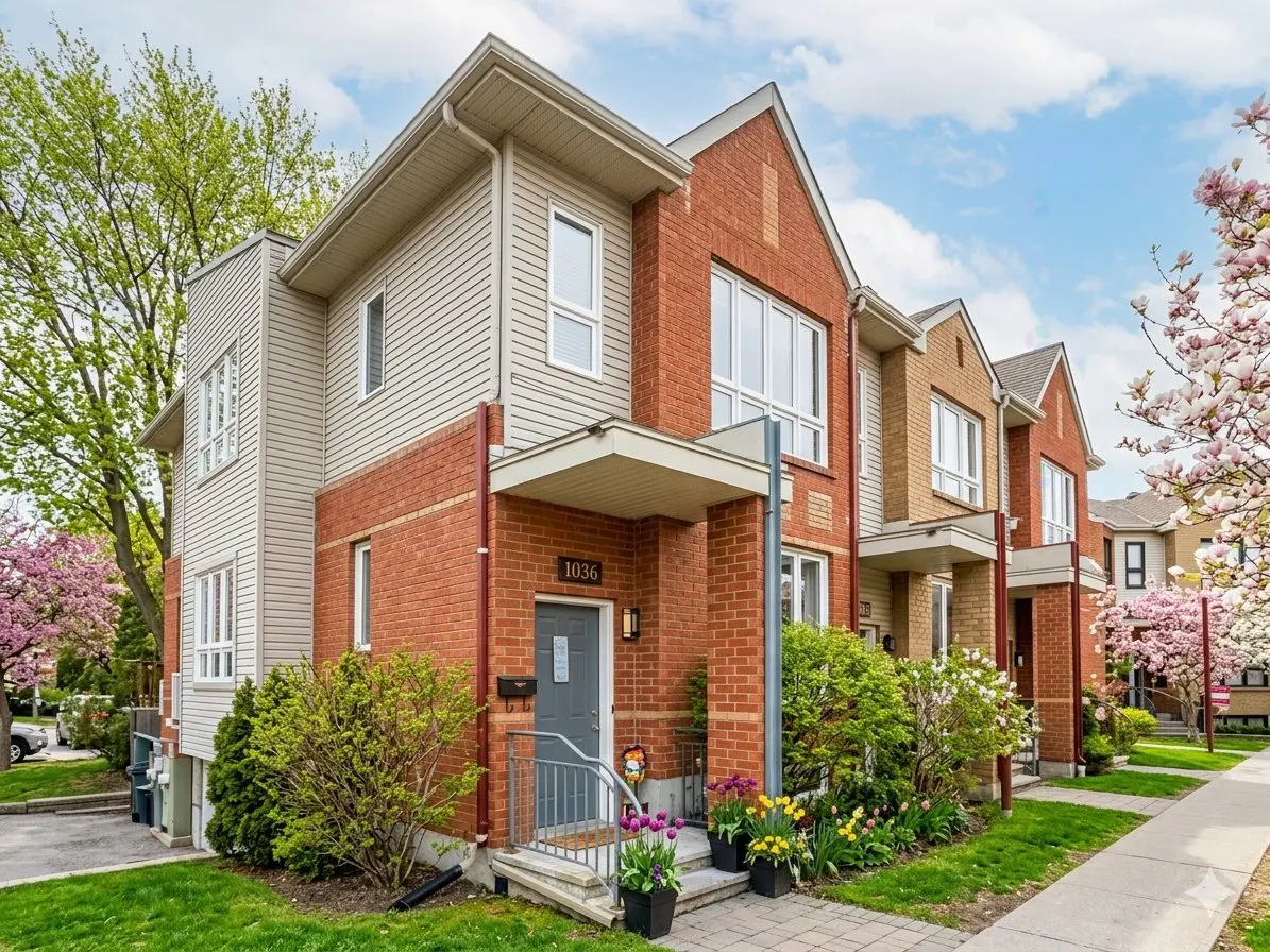 Exterior view of brick and beige siding townhouses with gray doors, green bushes, and blooming trees.