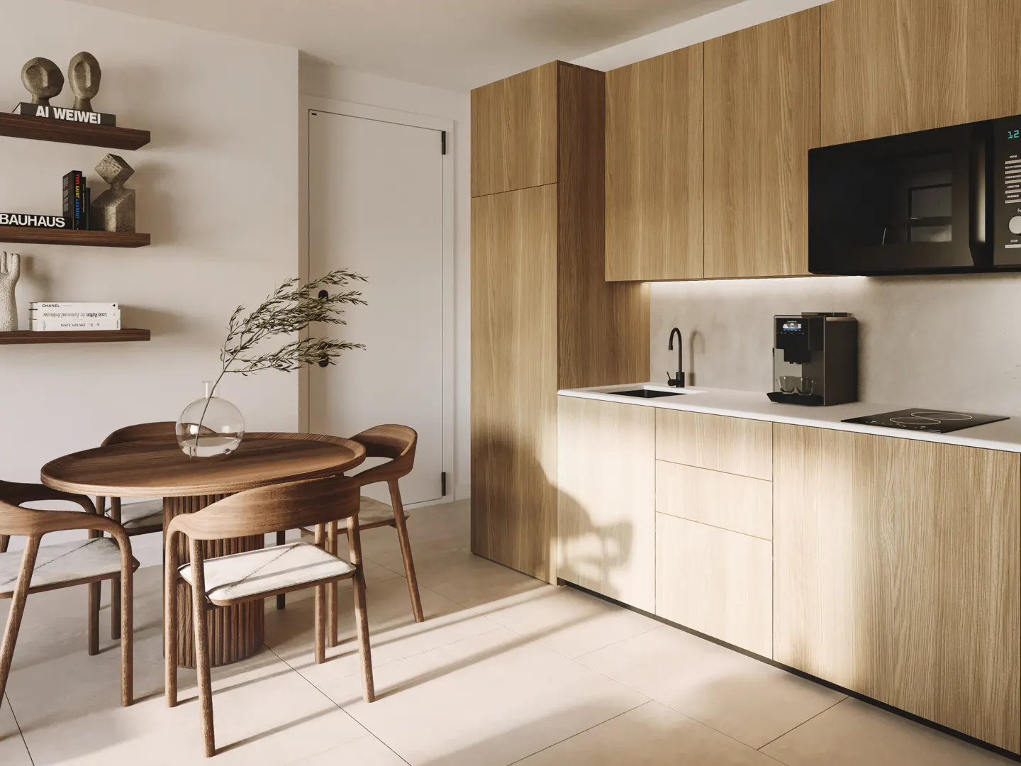 A modern kitchen with light wood cabinets, a round dining table, and minimalist decor.