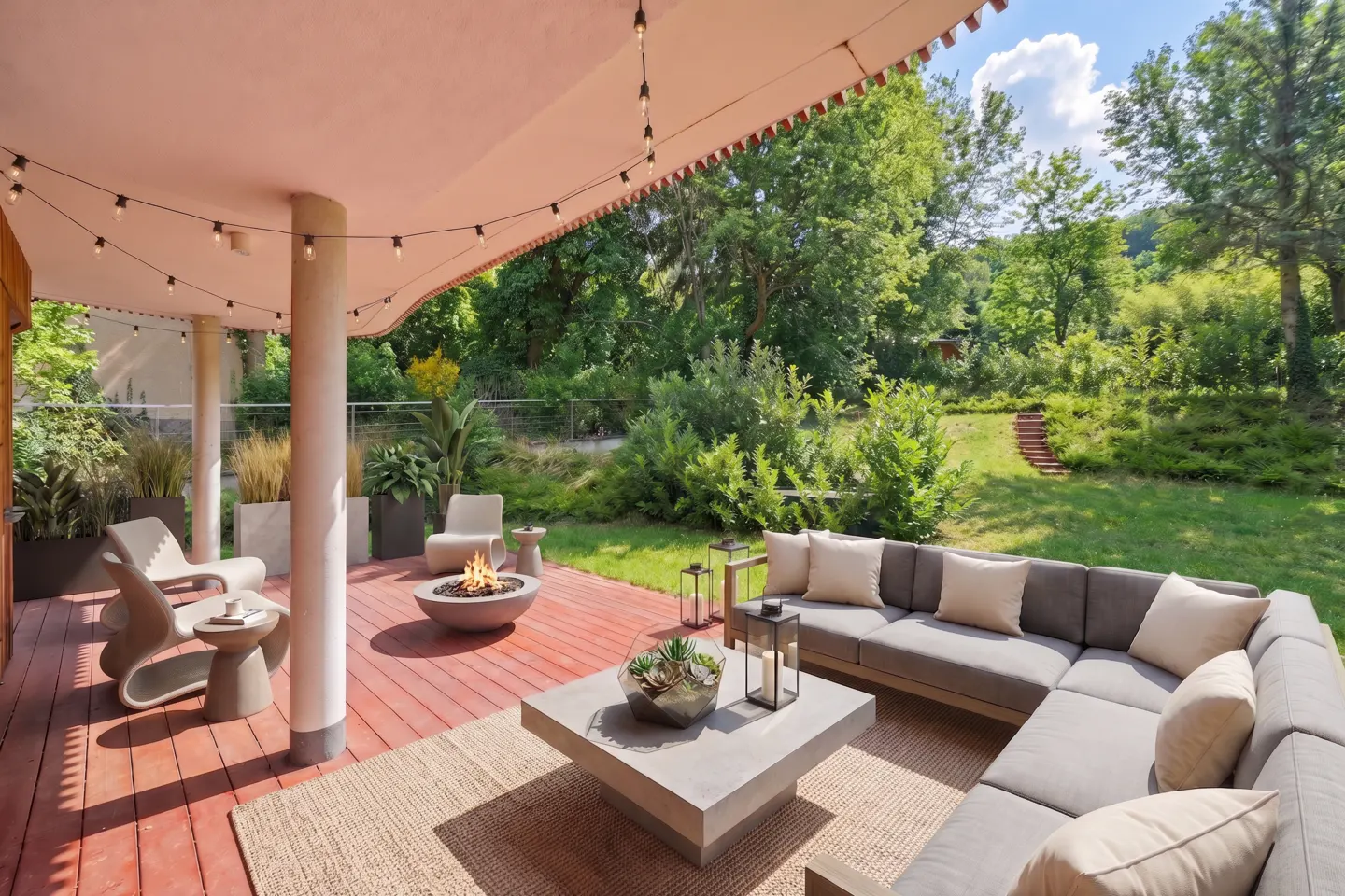 Outdoor patio with gray sectional sofa, fire pit, and string lights. Lush green trees in the background.