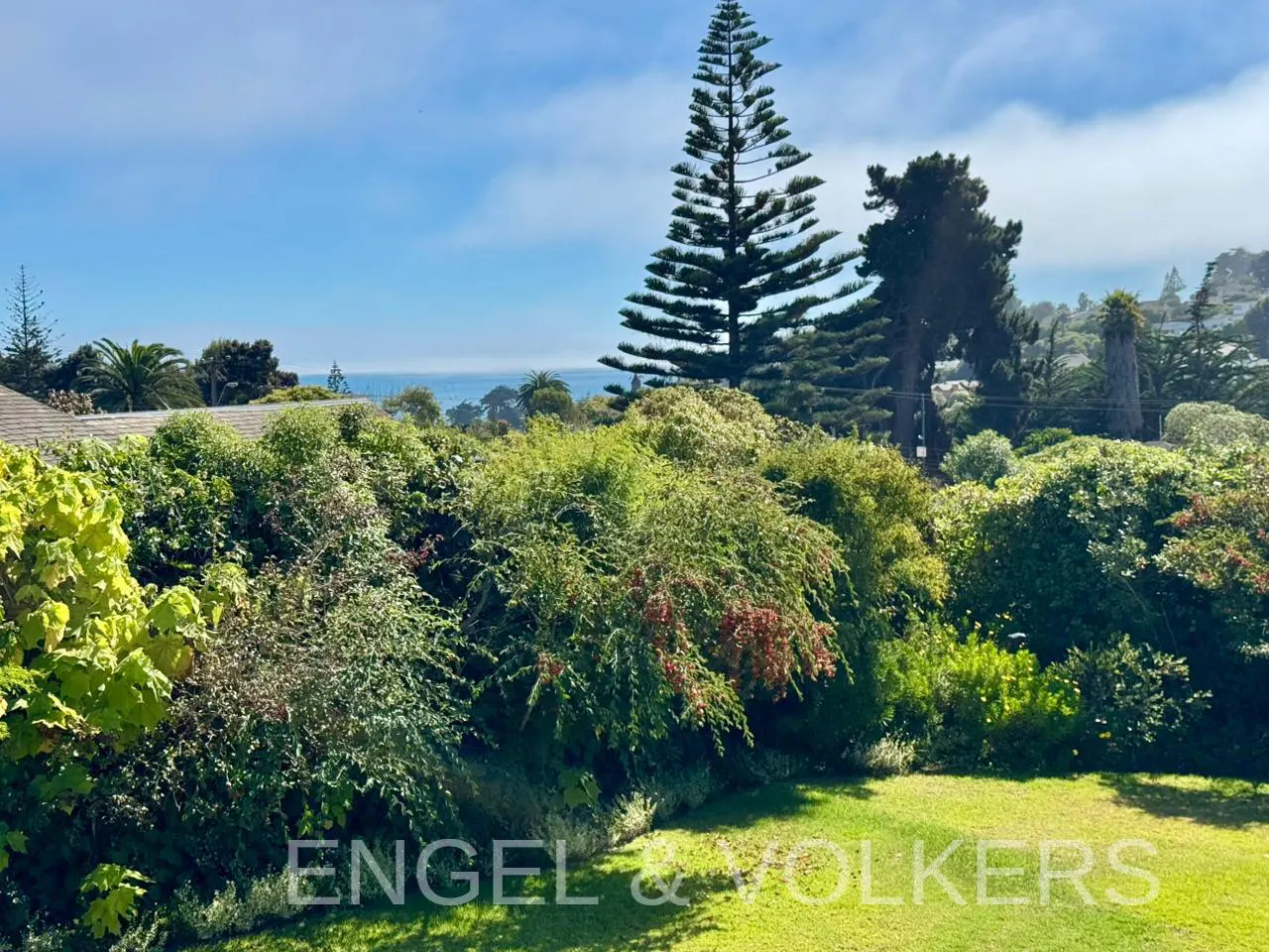 View of the ocean from a lush green yard with trees and bushes under a blue sky.