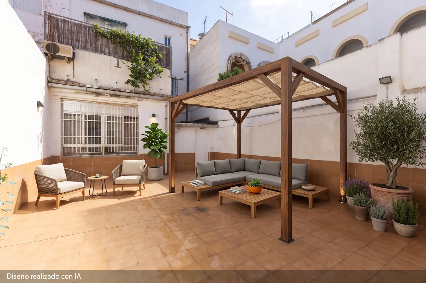 Outdoor patio with a wooden pergola, gray sectional sofa, chairs, tables, and potted plants against a white building backdrop.