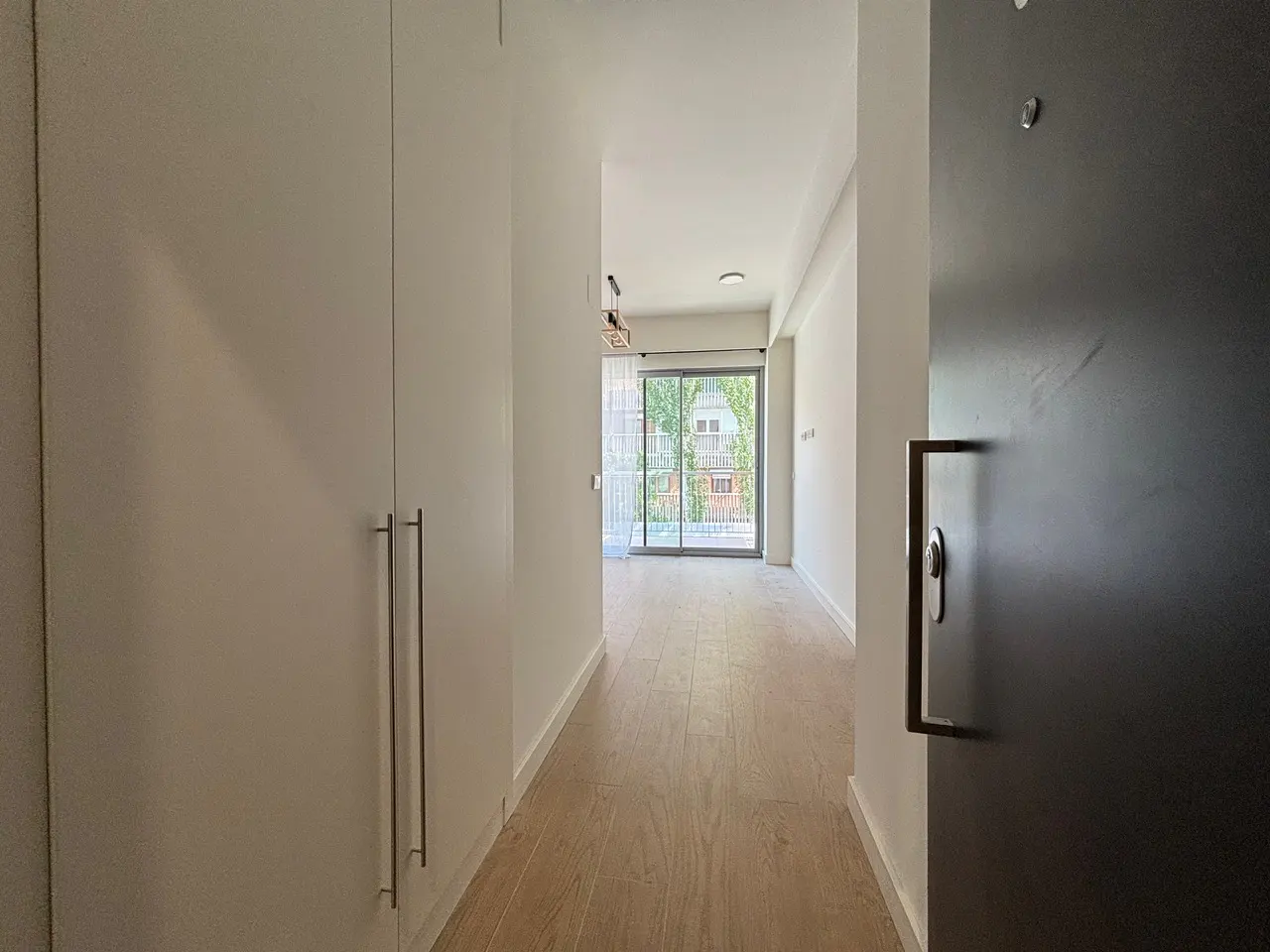 Apartment entryway with an open black door, light wood floors, and white walls. A sliding glass door leads to a balcony with a view of trees.