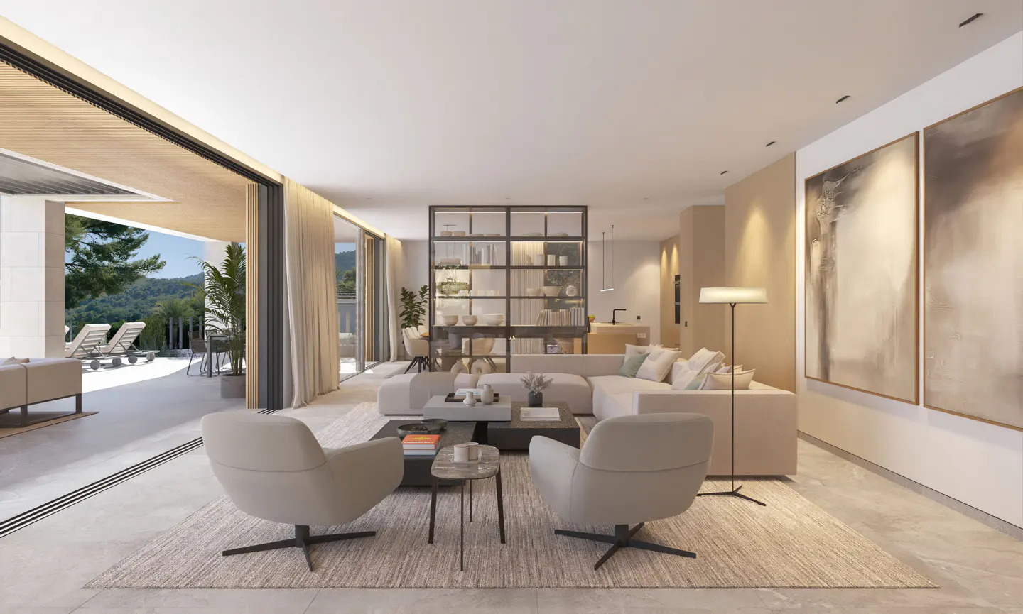 Bright, modern living room with beige armchairs, white sofa, and open patio with lounge chairs. Neutral color palette.