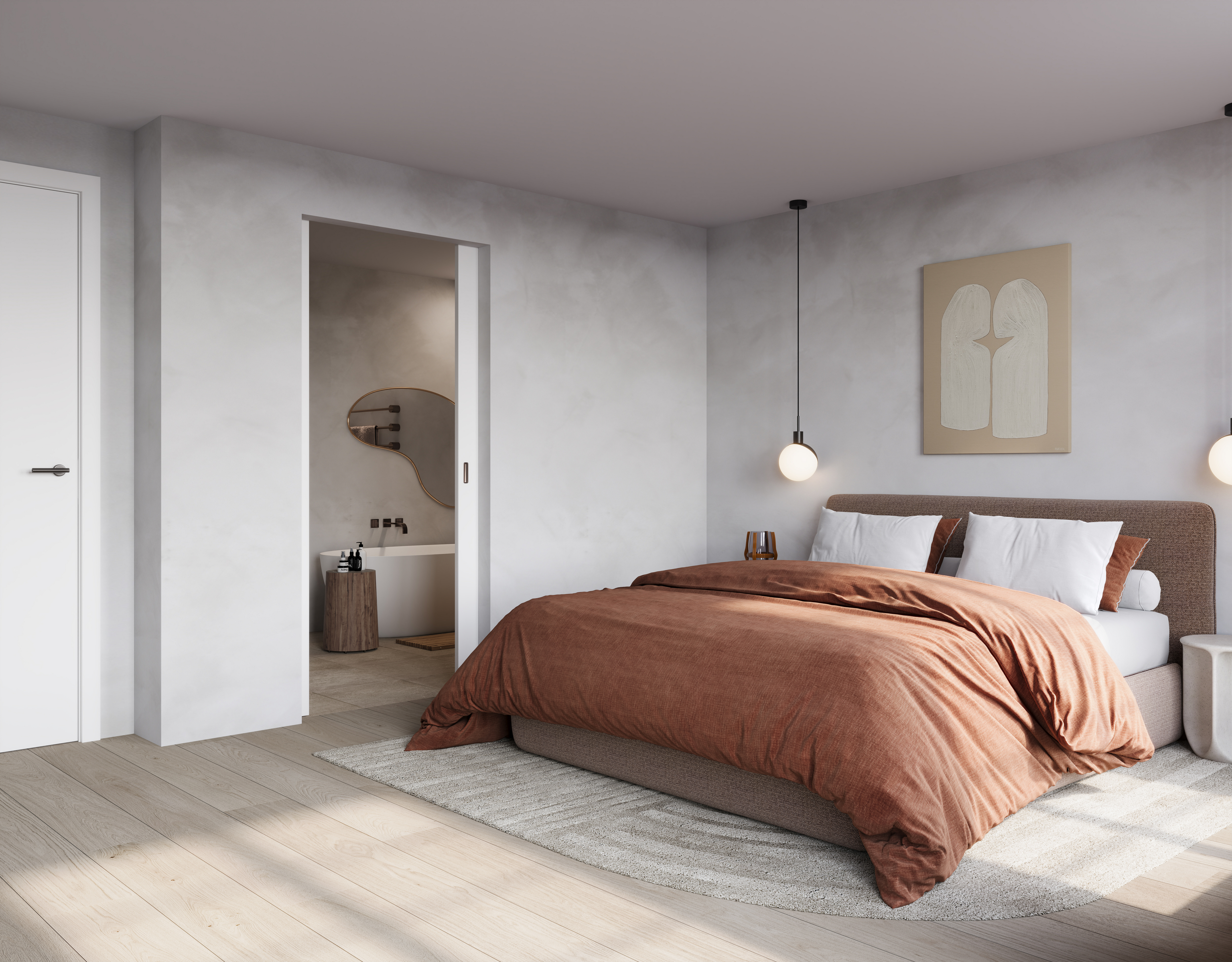 Modern bedroom with a rust-colored duvet, white pillows, pendant lights, and an open doorway to a bathroom with a tub. [AI-generated text]