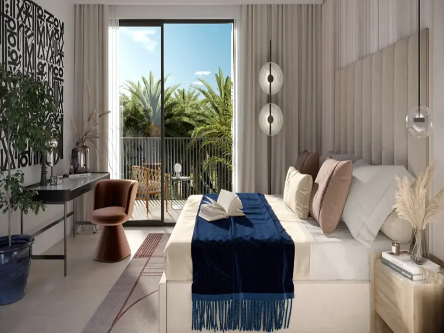 A modern bedroom with a bed, desk, and balcony. The bed has a blue throw and pillows. Palm trees are visible through the balcony doors.