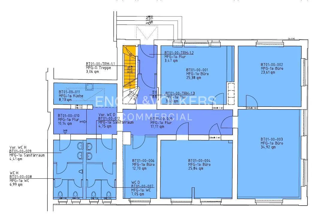 Floor plan of a commercial office space showing multiple rooms, hallways, restrooms, and a staircase highlighted in blue.