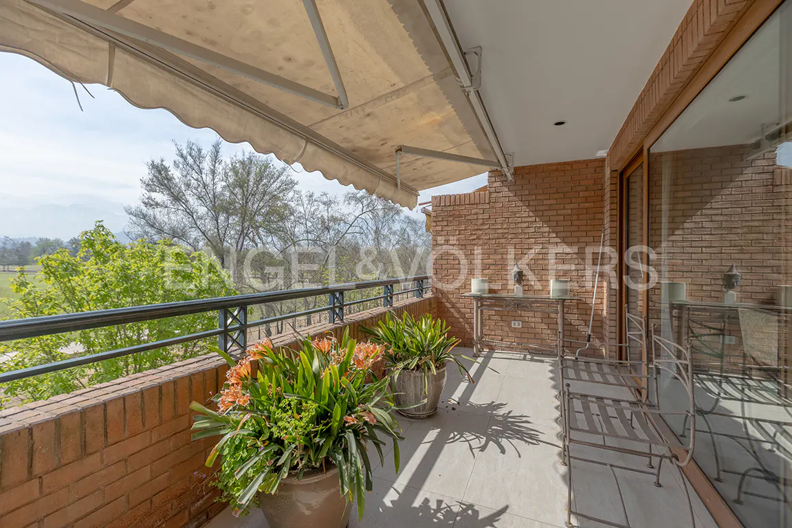 A brick balcony with potted plants, a metal railing, and a retractable awning overlooks green trees.