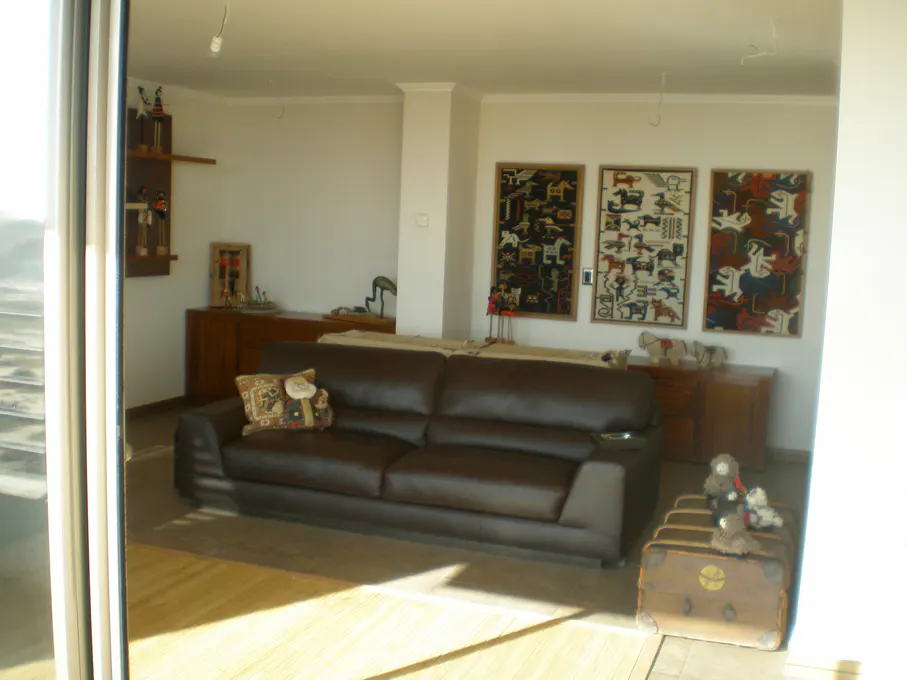 Living room with a brown leather sofa, wooden floors, and three framed tapestries on the wall. A trunk with stuffed animals sits in the corner.