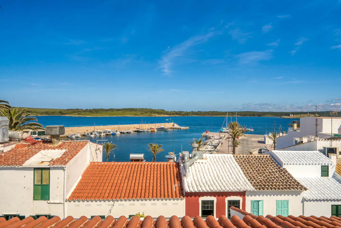 High-angle view of a Mediterranean harbor with white buildings, terracotta roofs, palm trees, and boats under a blue sky.