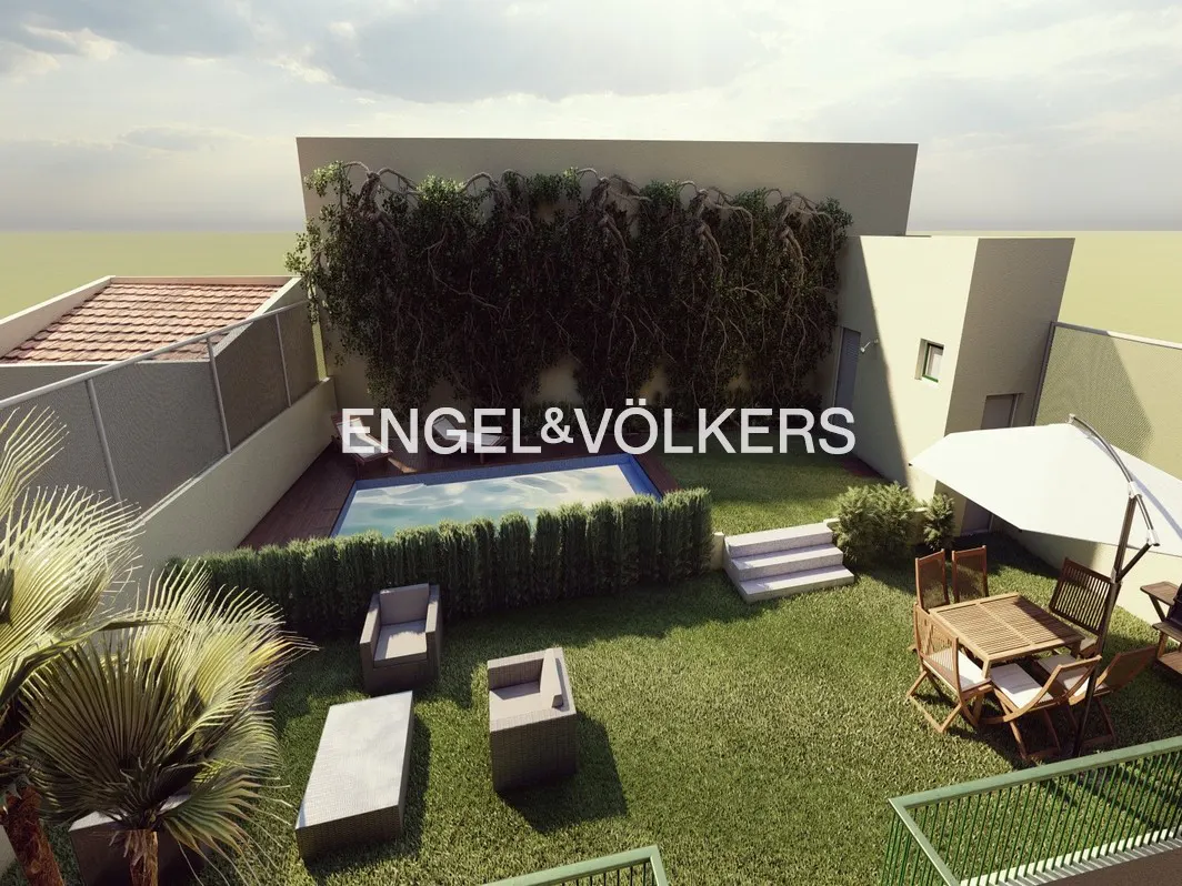 Aerial view of a backyard with a swimming pool, lawn, patio furniture, and a wall covered in climbing vines.