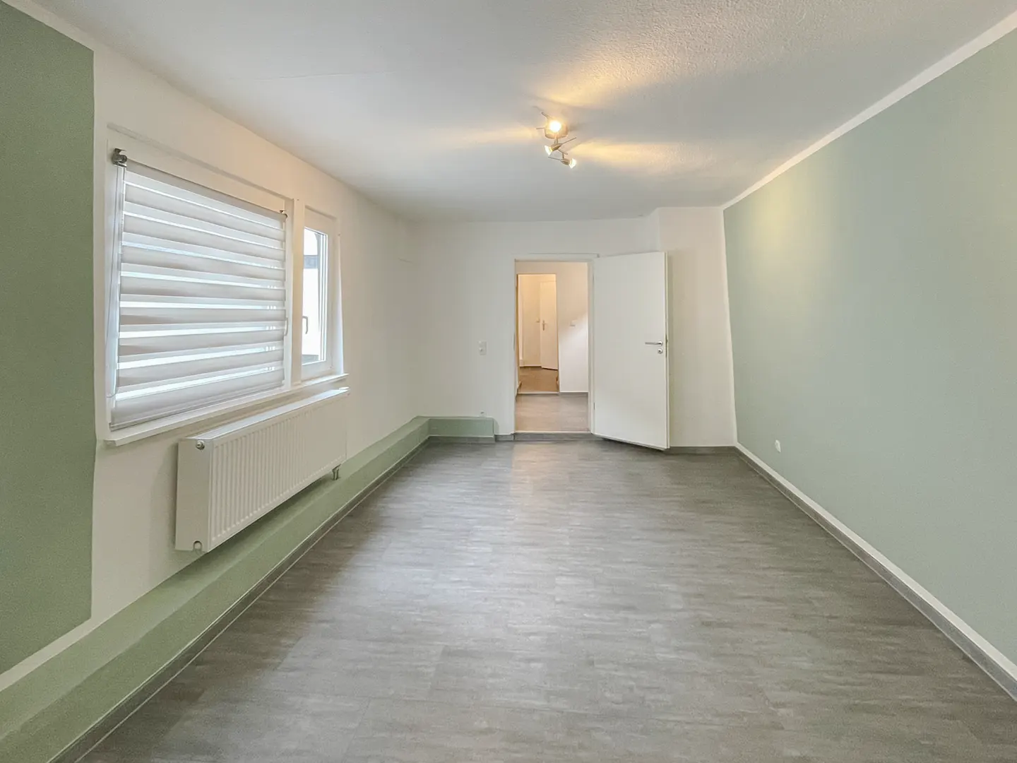 Empty room with gray wood-look floors, white walls, and light green accent walls. A window with blinds and a white radiator are on the left. A doorway is on the right.