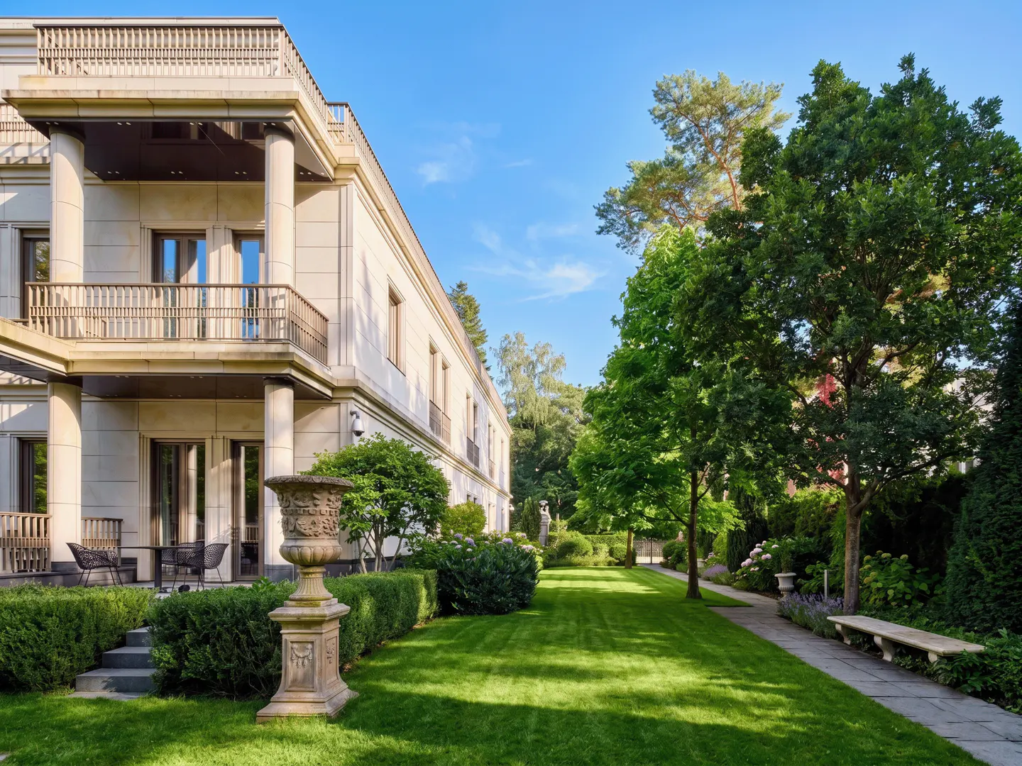 Exterior of a large, light-stone house with a manicured lawn and garden. Balcony with columns and outdoor seating.