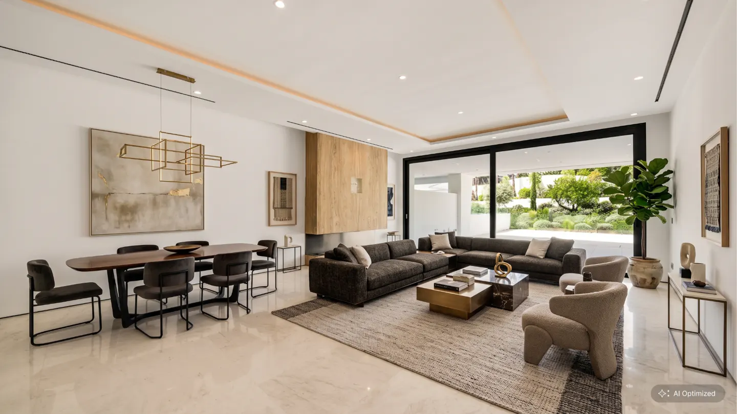 Bright, modern living room with a dining table, gray sofa, and large windows overlooking a green garden. Artwork and a fireplace add to the elegant ambiance.
