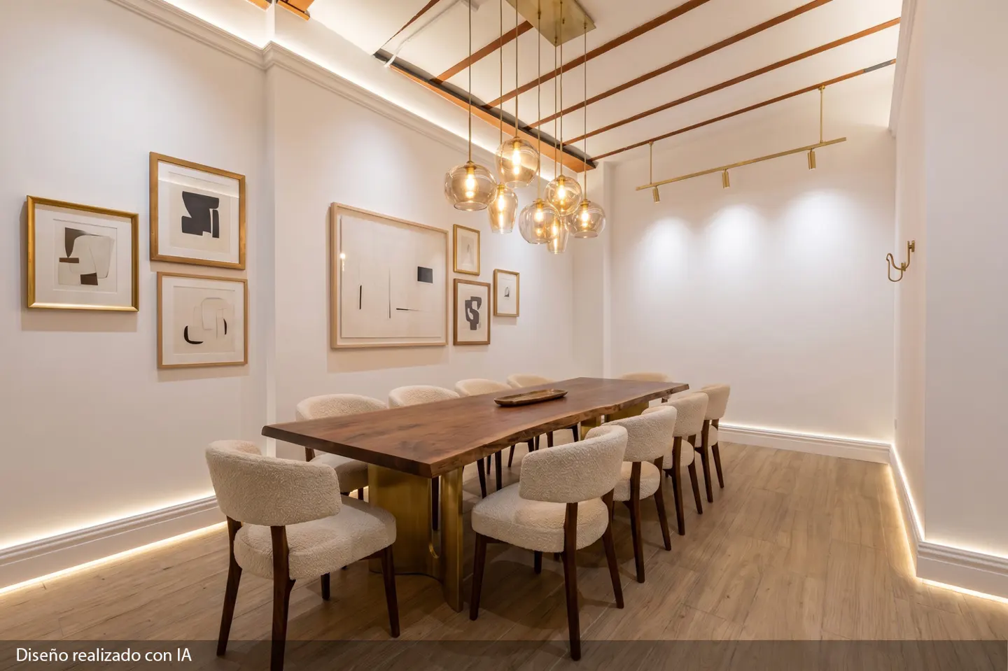 Modern dining room with a live-edge wood table, cream upholstered chairs, gold pendant lights, and framed abstract art.