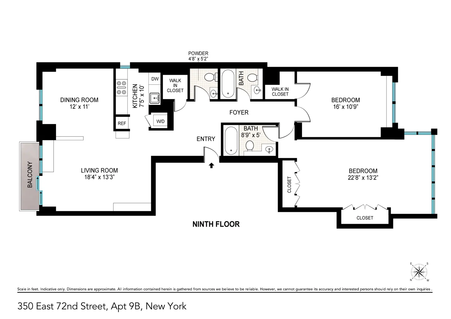 Floor plan of a ninth-floor apartment with a living room, dining room, kitchen, two bedrooms, two bathrooms, and a balcony.
