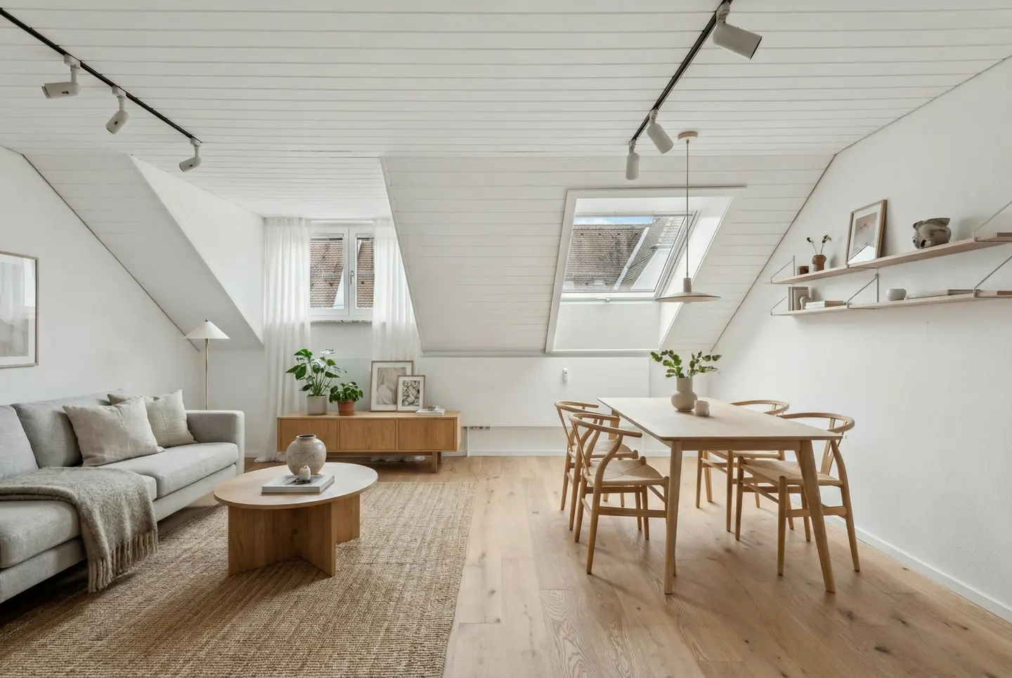 Bright, airy living space with white walls, wood floors, and sloped ceilings. A gray sofa, dining table, and plants add warmth.