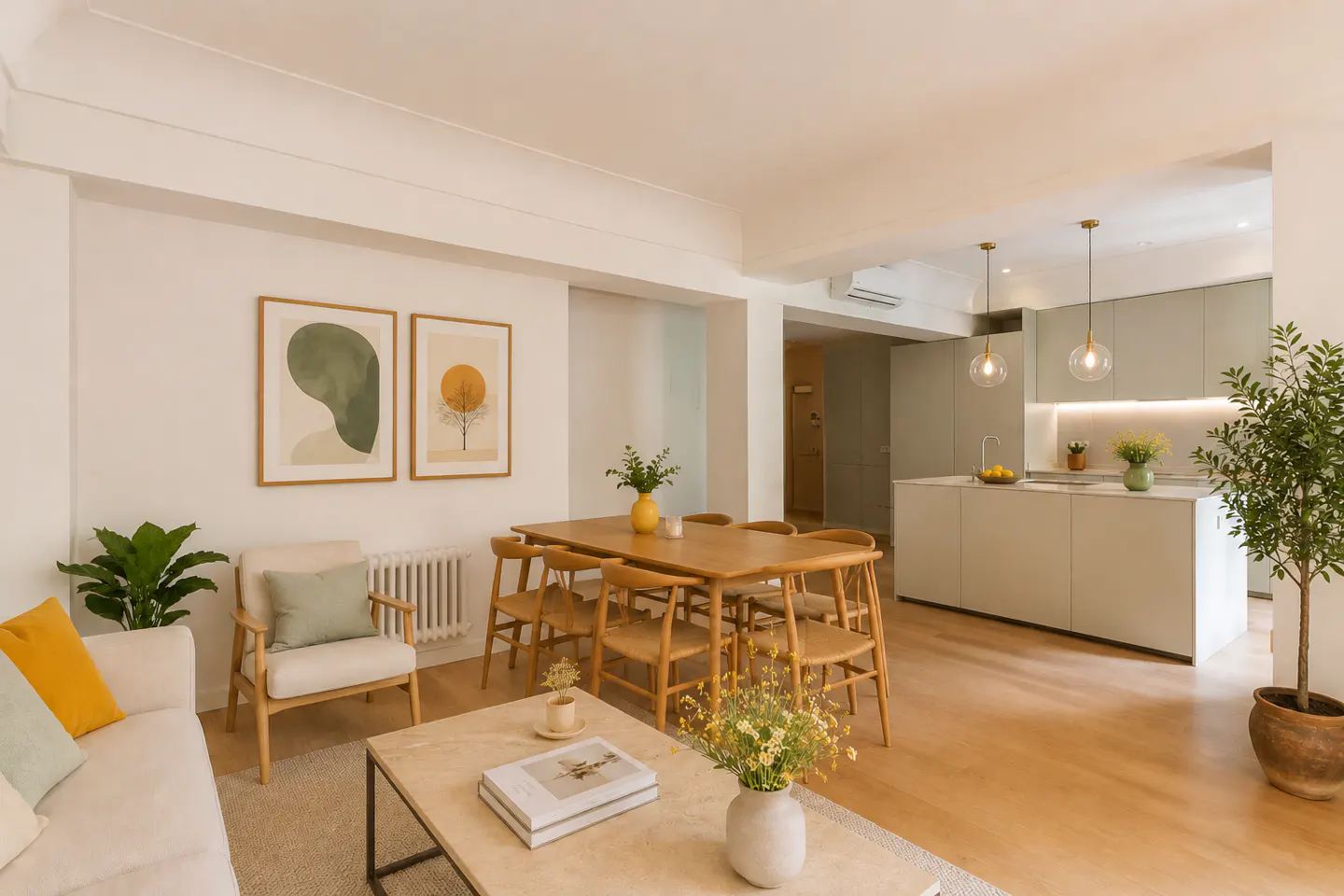 Open-concept living space with a dining table, sofa, and kitchen. The color palette is neutral with pops of yellow and green.