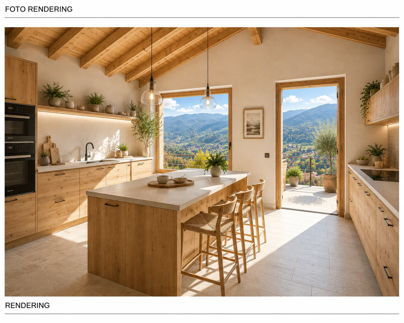 A bright, modern kitchen with wood cabinets, a large island, and a view of mountains through a window.