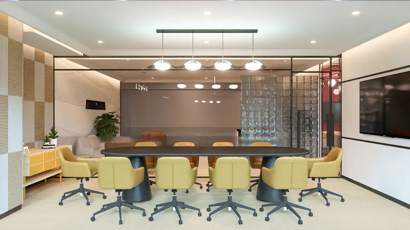 A modern conference room with a long black table, yellow chairs, and globe pendant lights. A glass wall separates the room from a lounge area.