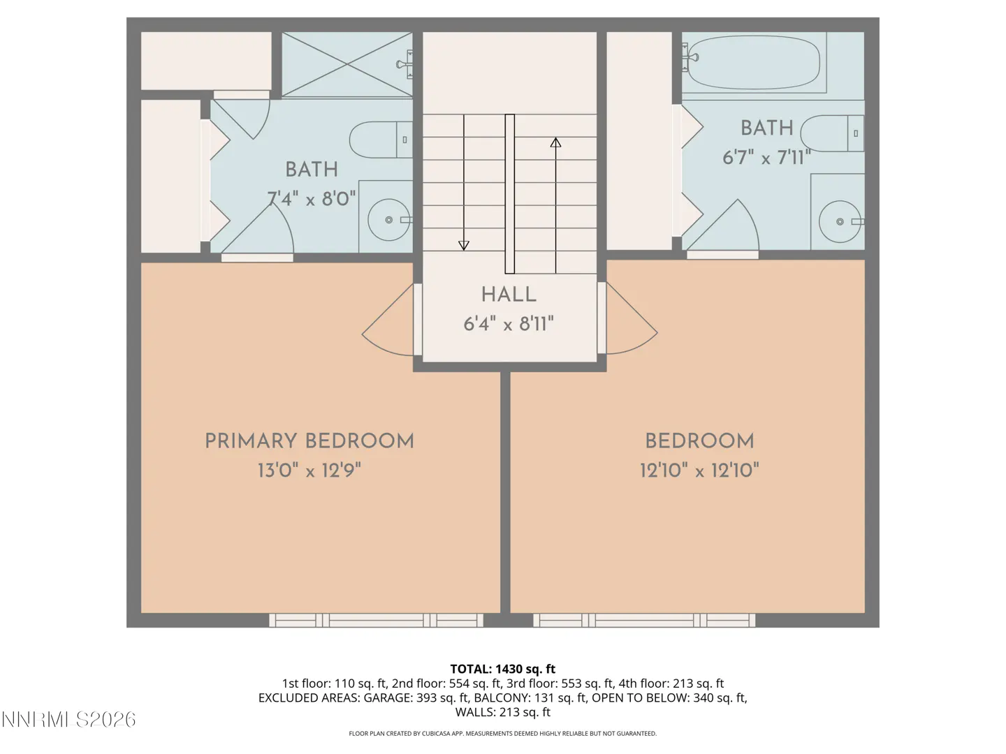 Floor plan showing two bedrooms, two bathrooms, and a central hall with stairs, totaling 1,430 square feet.
