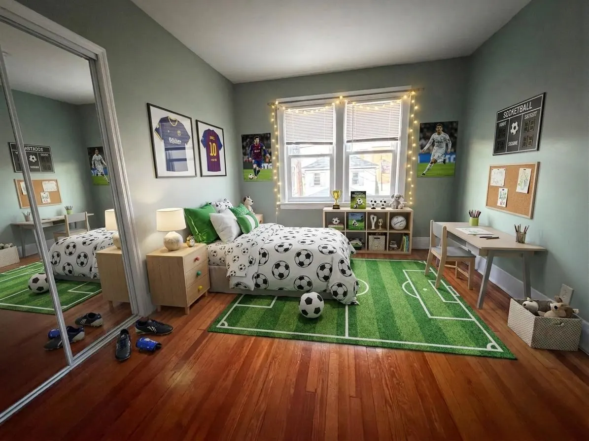Soccer-themed bedroom with a grass-patterned rug, soccer ball bedding, sports posters, and a desk on hardwood floors.