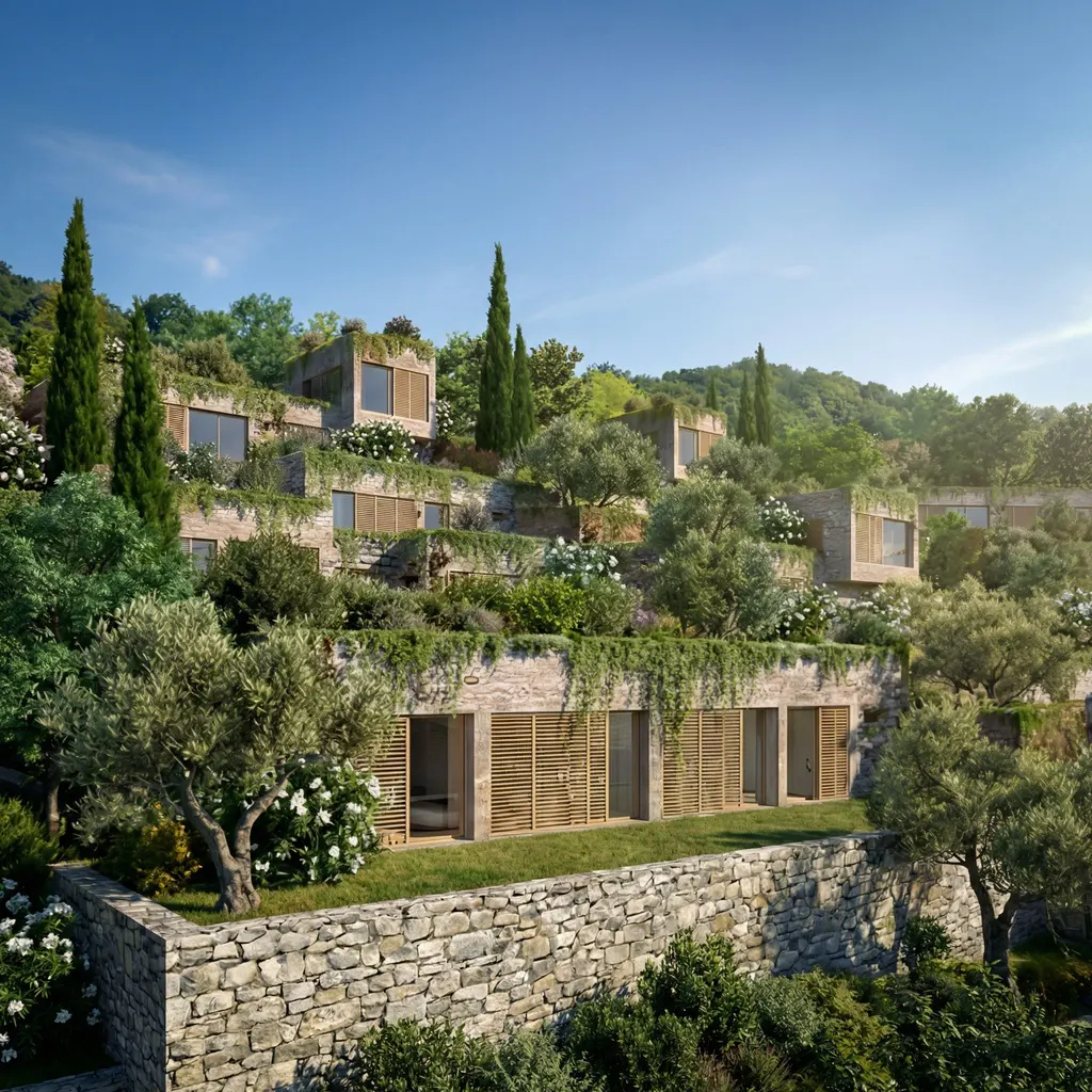 Stone villas with wooden shutters cascade down a green hillside under a blue sky. Lush vegetation and trees surround the buildings.